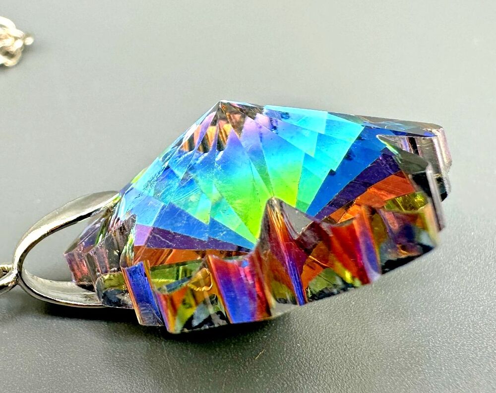 Vintage Crystal Pendant Necklace Rainbow Prism Flower Silver Tone Chain 28"